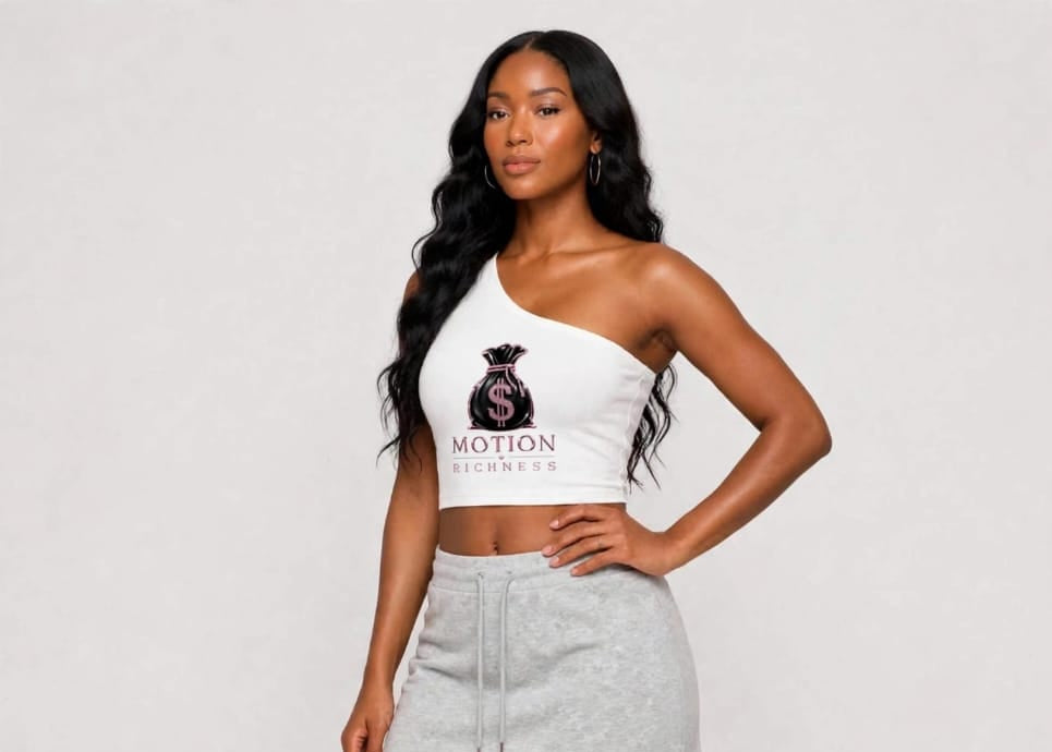 A woman modeling a two-piece activewear set consisting of a white one-shoulder crop top with a black 'MOTION BLURB' graphic and a light gray heathered mini skirt with a drawstring.