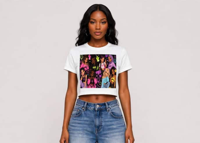 A woman modeling a white cropped graphic T-shirt with a colorful band print, paired with high-waisted, wide-leg blue jeans, against a plain light gray studio background.