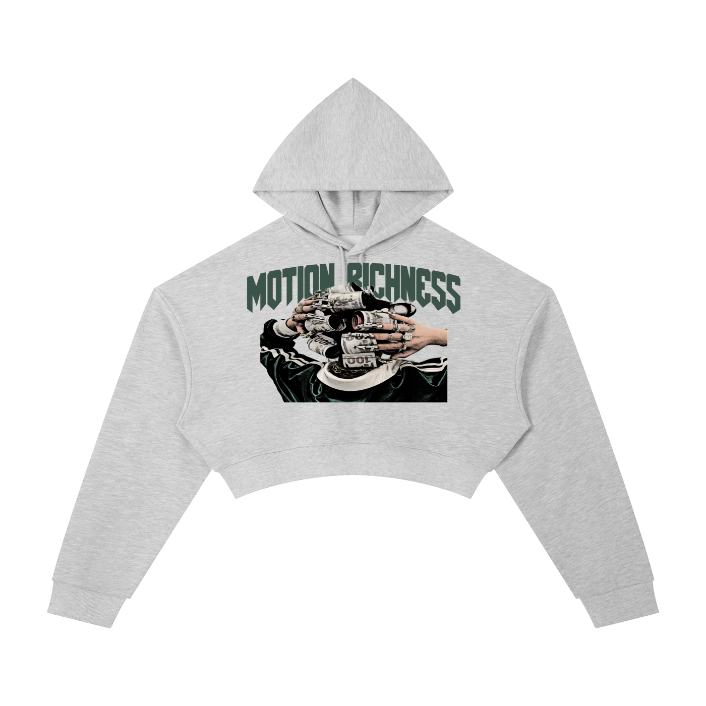 ODMPOD Motion Richness Cropped Hoodie displayed on a hanger, featuring a relaxed fit and soft fabric in a stylish design.