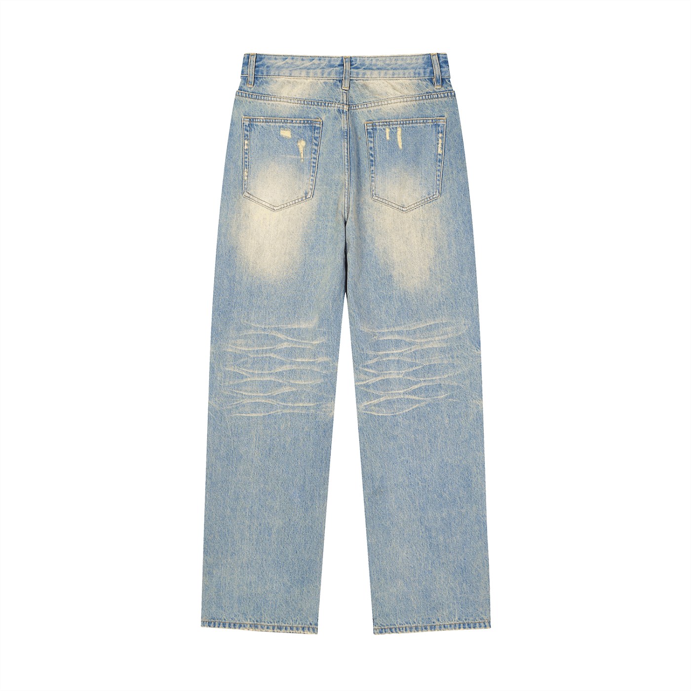 Unisex Vibes Sun Fade Raw Hem Denim Jeans by ODMPOD, featuring distressed sun fade design and raw hem detailing.