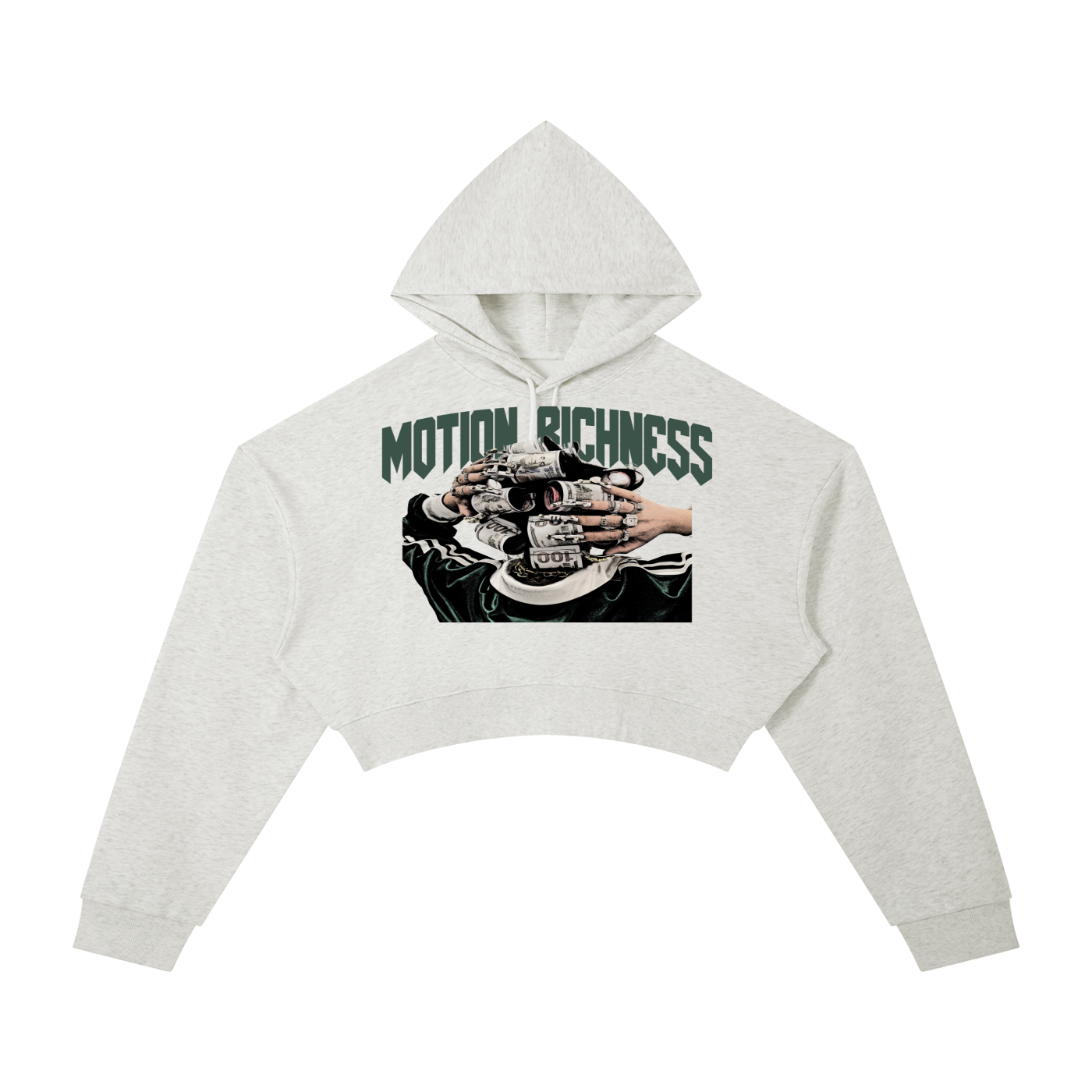 ODMPOD Motion Richness Cropped Hoodie displayed on a hanger, featuring a relaxed fit with ribbed cuffs and a drawstring hood.
