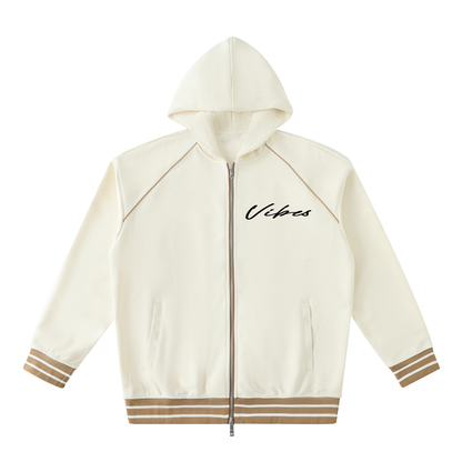 Men's ODMPOD Vibes Trim Zip-Up Hoodie with front pockets and adjustable drawstrings, shown in black fabric.