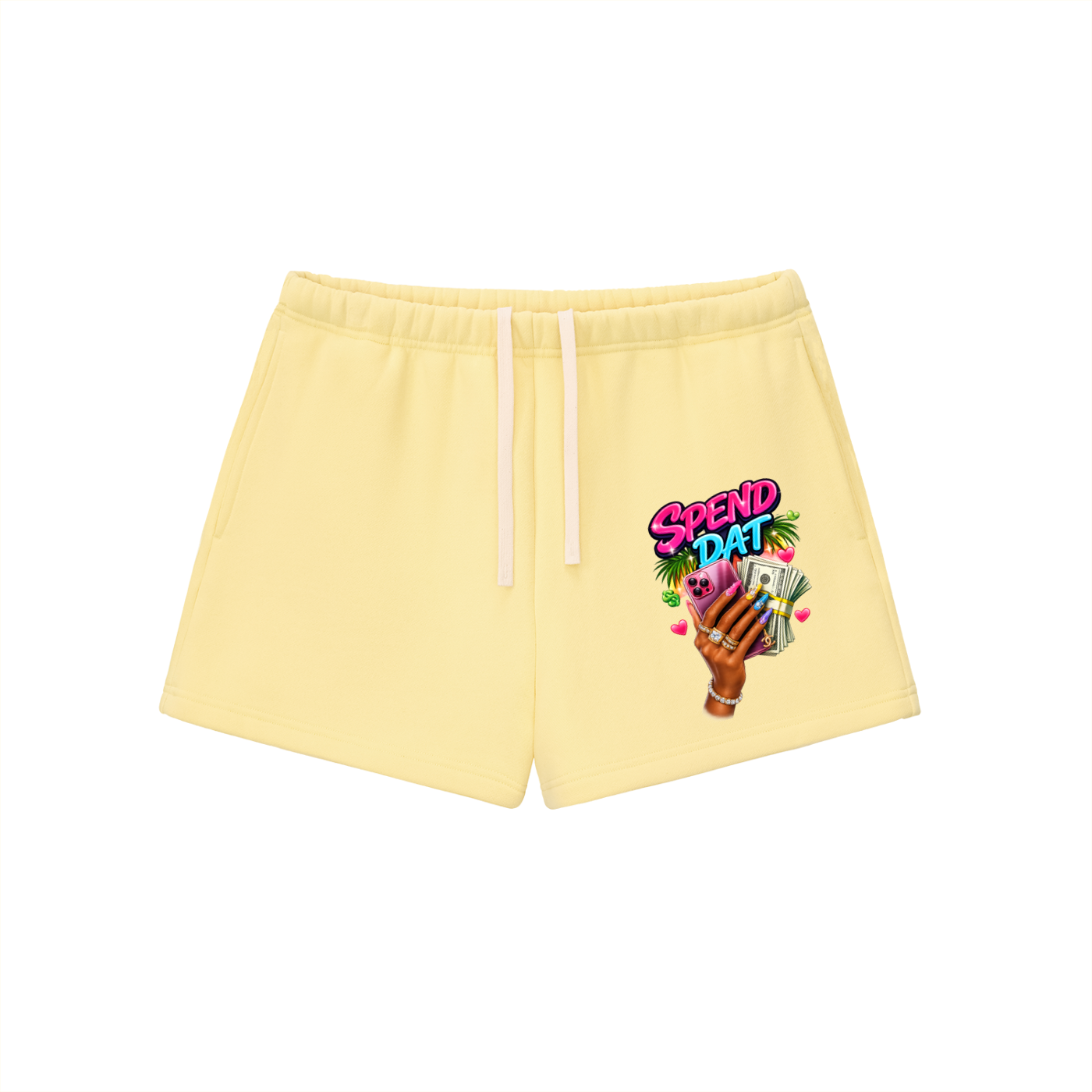 ODMPOD graphic fleece drawstring sweatshorts with bold print, soft fabric, and adjustable waistband for comfortable casual wear.