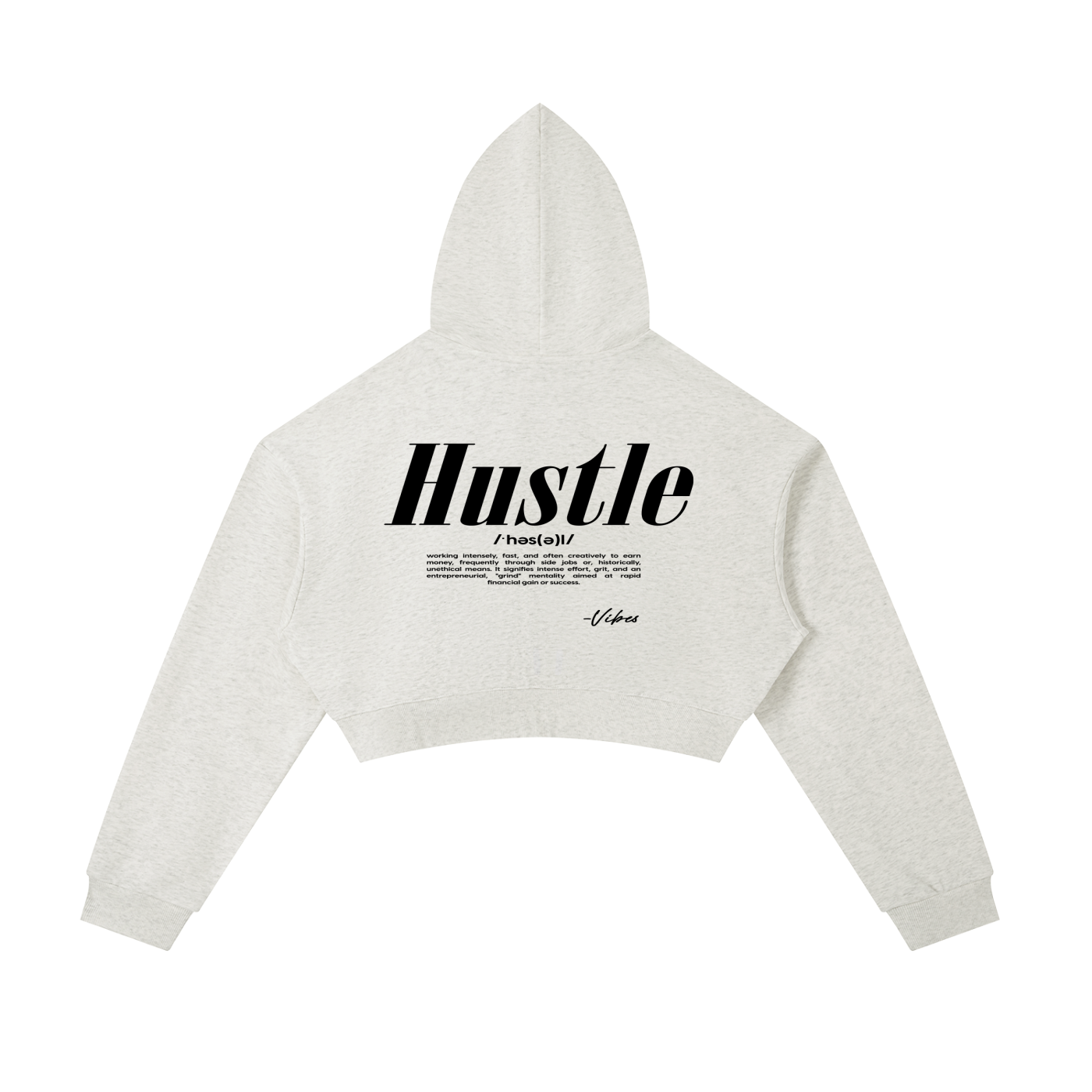 ODMPOD Vibes Hustle Cropped Zip-Up Oversized Hoodie, front view showing the black hoodie with zip closure and relaxed fit.