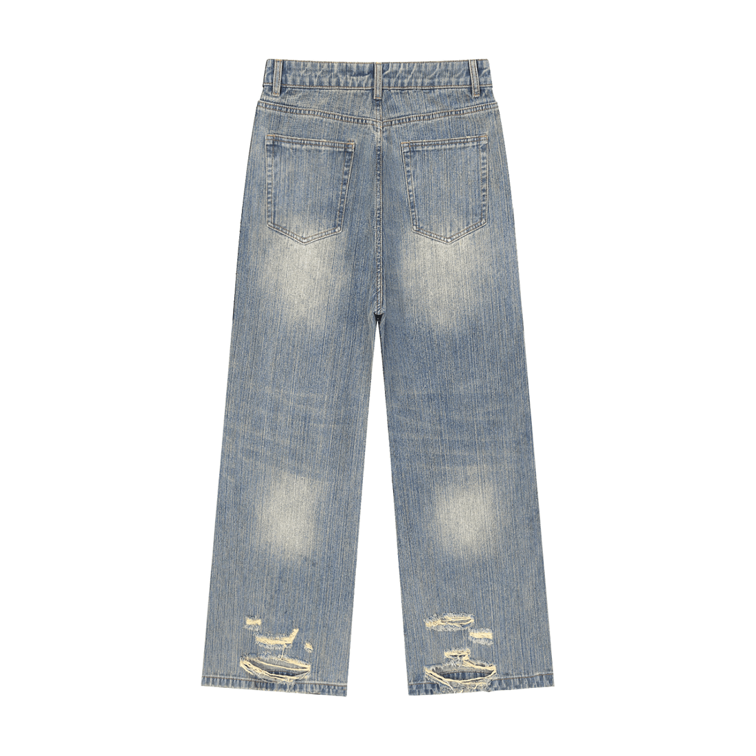 Unisex vintage wash distressed denim jeans from ODMPOD featuring faded fabric and ripped details for a trendy casual look.