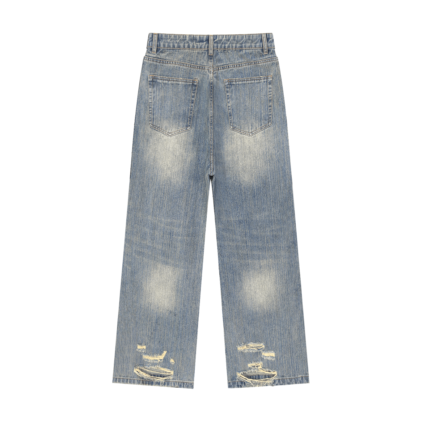 Unisex vintage wash distressed denim jeans from ODMPOD featuring faded fabric and ripped details for a trendy casual look.