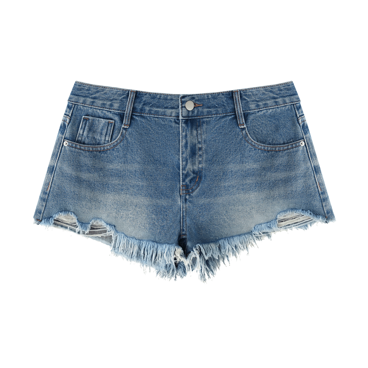 ODMPOD Vibes Vintage Wash Raw Hem Denim Shorts featuring distressed detailing and a classic cut, perfect for casual summer wear.