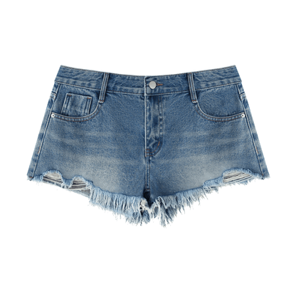 ODMPOD Vibes Vintage Wash Raw Hem Denim Shorts featuring distressed detailing and a classic cut, perfect for casual summer wear.