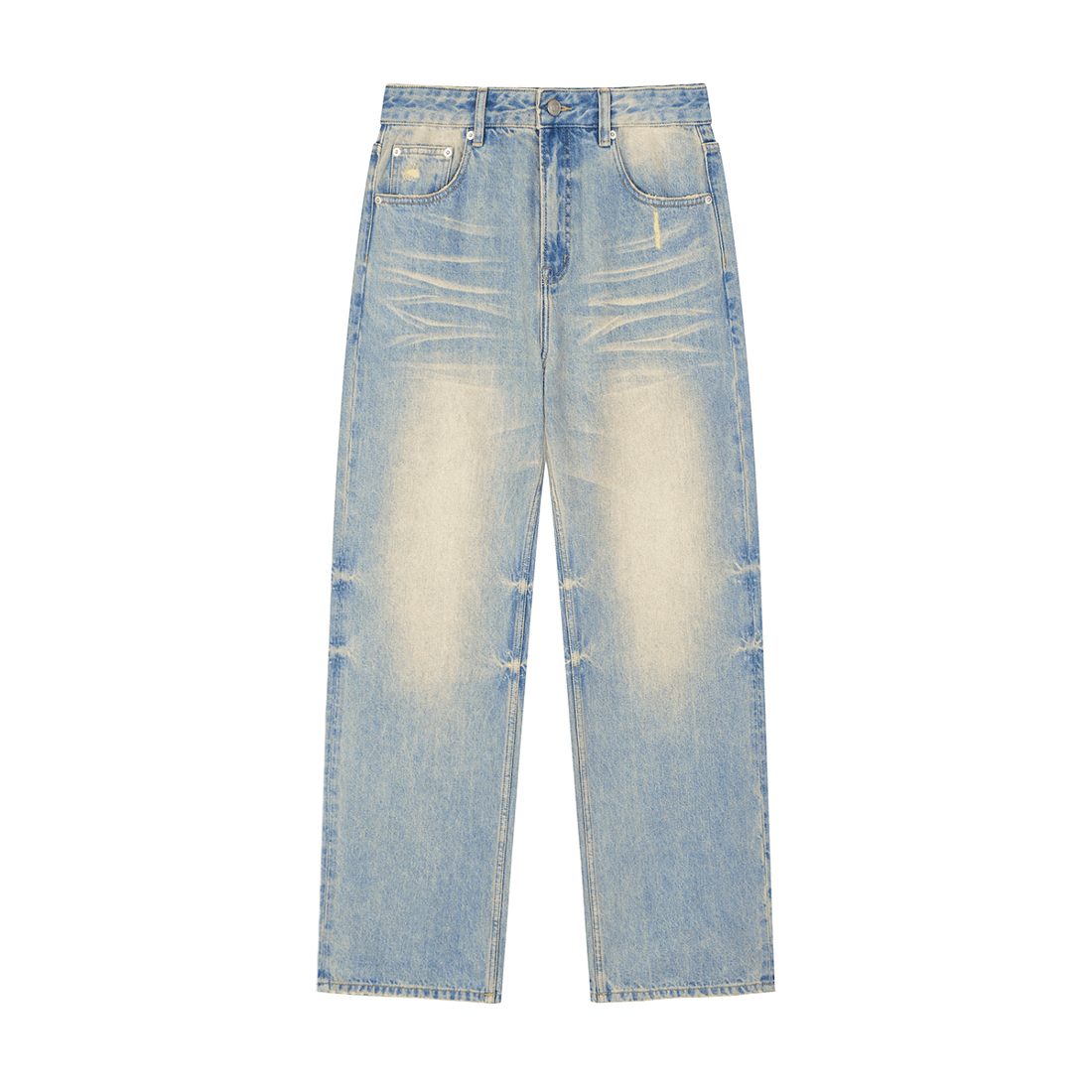 Unisex Vibes Sun Fade Raw Hem Denim Jeans by ODMPOD featuring distressed raw hem and sun-faded blue denim fabric.