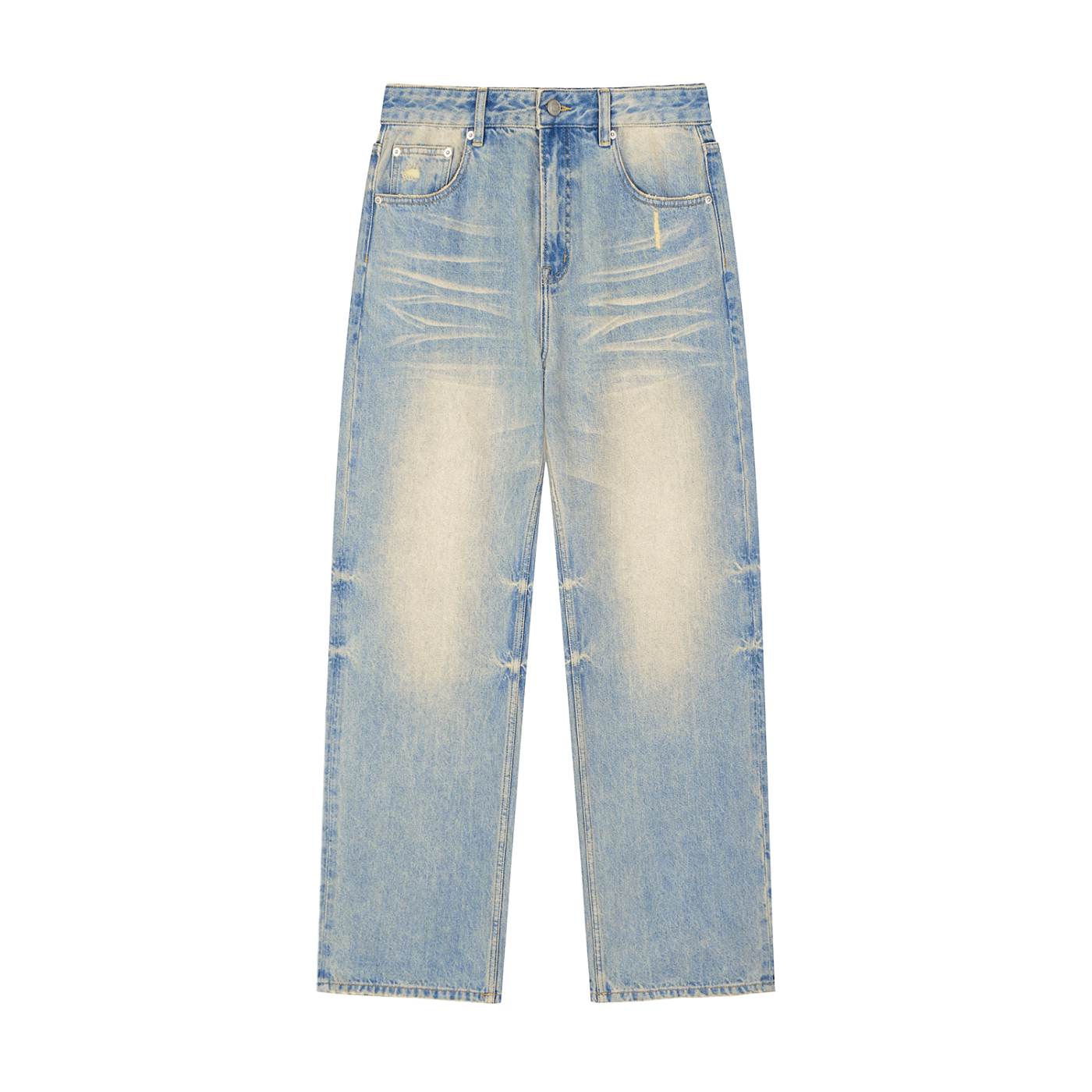 Unisex Vibes Sun Fade Raw Hem Denim Jeans by ODMPOD featuring distressed raw hem and sun-faded blue denim fabric.