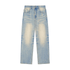 Unisex Vibes Sun Fade Raw Hem Denim Jeans by ODMPOD featuring distressed raw hem and sun-faded blue denim fabric.