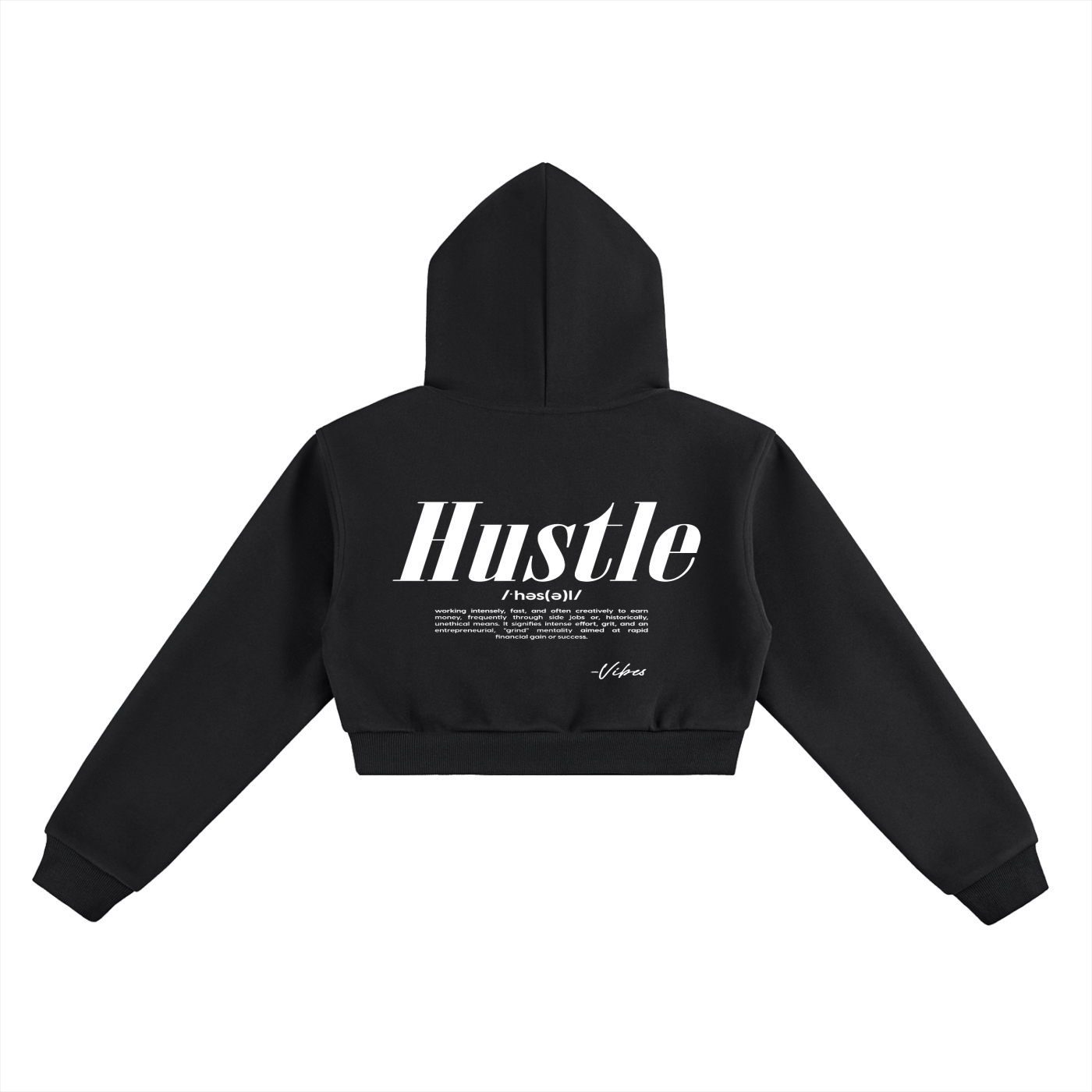 ODMPOD Vibes Hustle Cropped Hoodie in black, featuring a relaxed fit with a hood and drawstrings, casual streetwear style.
