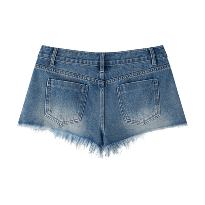 ODMPOD Vibes Vintage Wash Raw Hem Denim Shorts, front view showing distressed details and raw hem styling