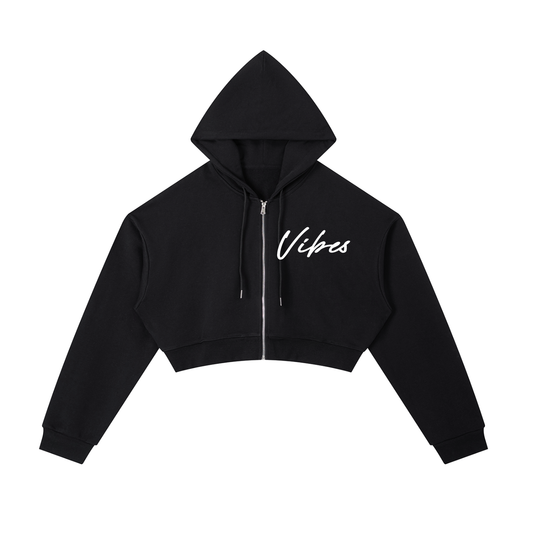 ODMPOD Vibes Hustle cropped zip-up hoodie, black with front zipper and hoodie, casual streetwear style.