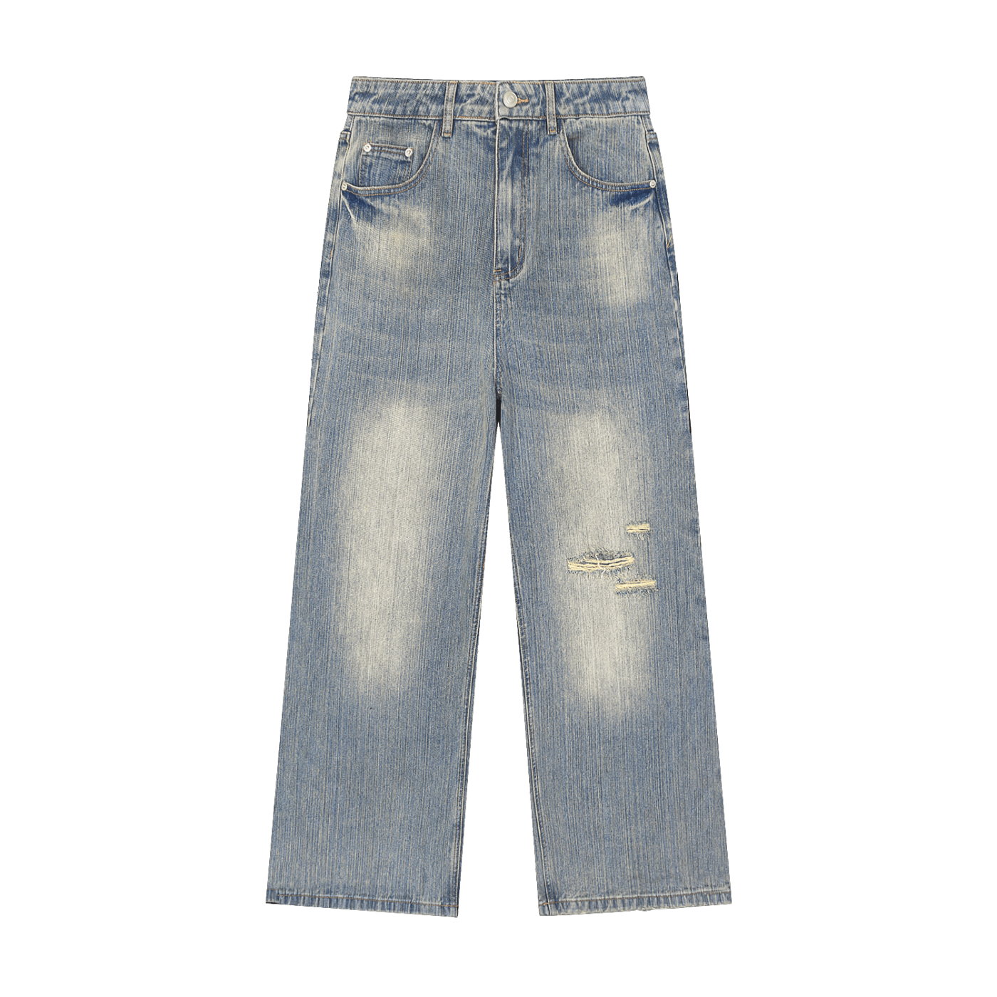 Unisex vintage wash distressed denim jeans from ODMPOD featuring a relaxed fit and faded, worn-in look.
