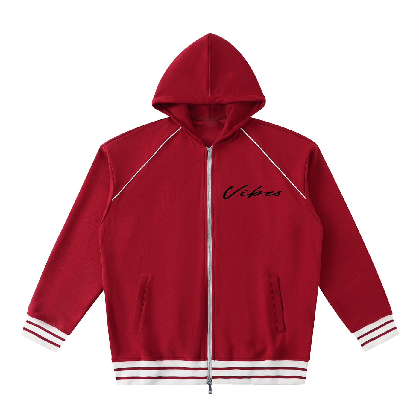 Men's ODMPOD Vibes Trim Zip-Up Hoodie with front pockets, hood, and stylish design, shown in a close-up image.