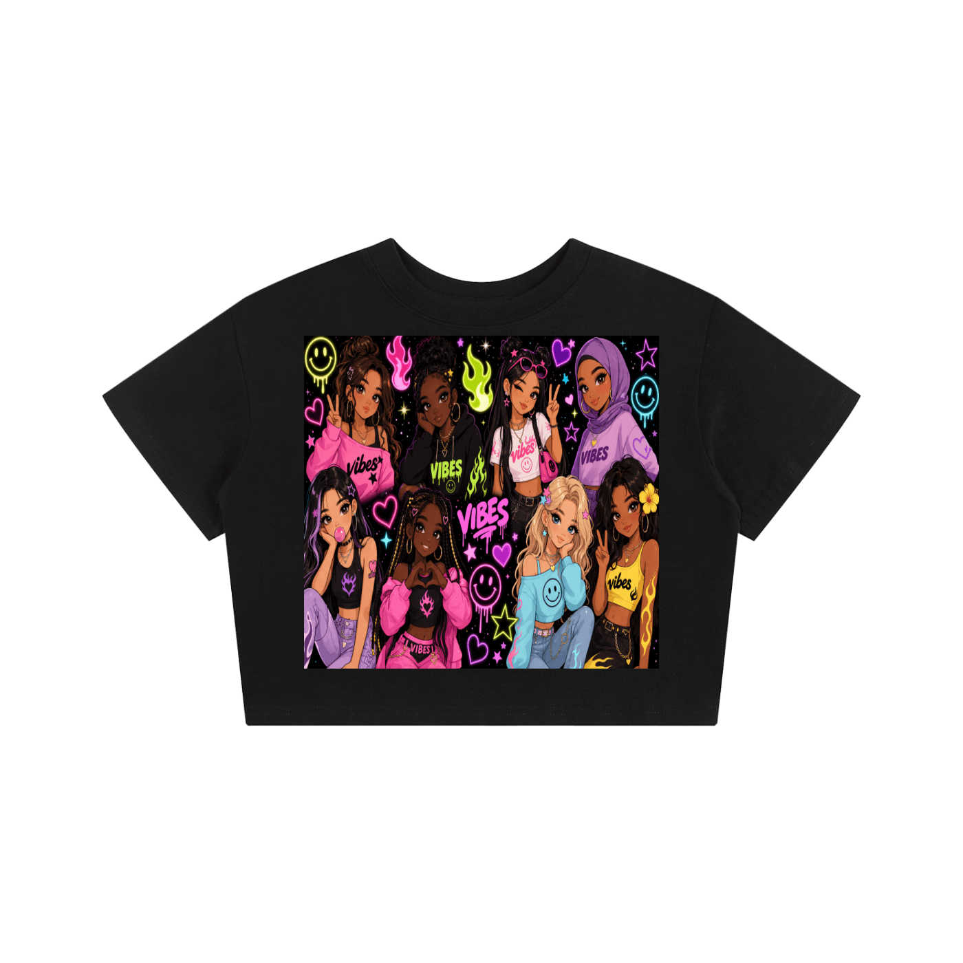 ODMPOD Vibes Baby Tee seamless T-shirt displayed flat with soft fabric and Vibes graphic design, casual and comfortable style.