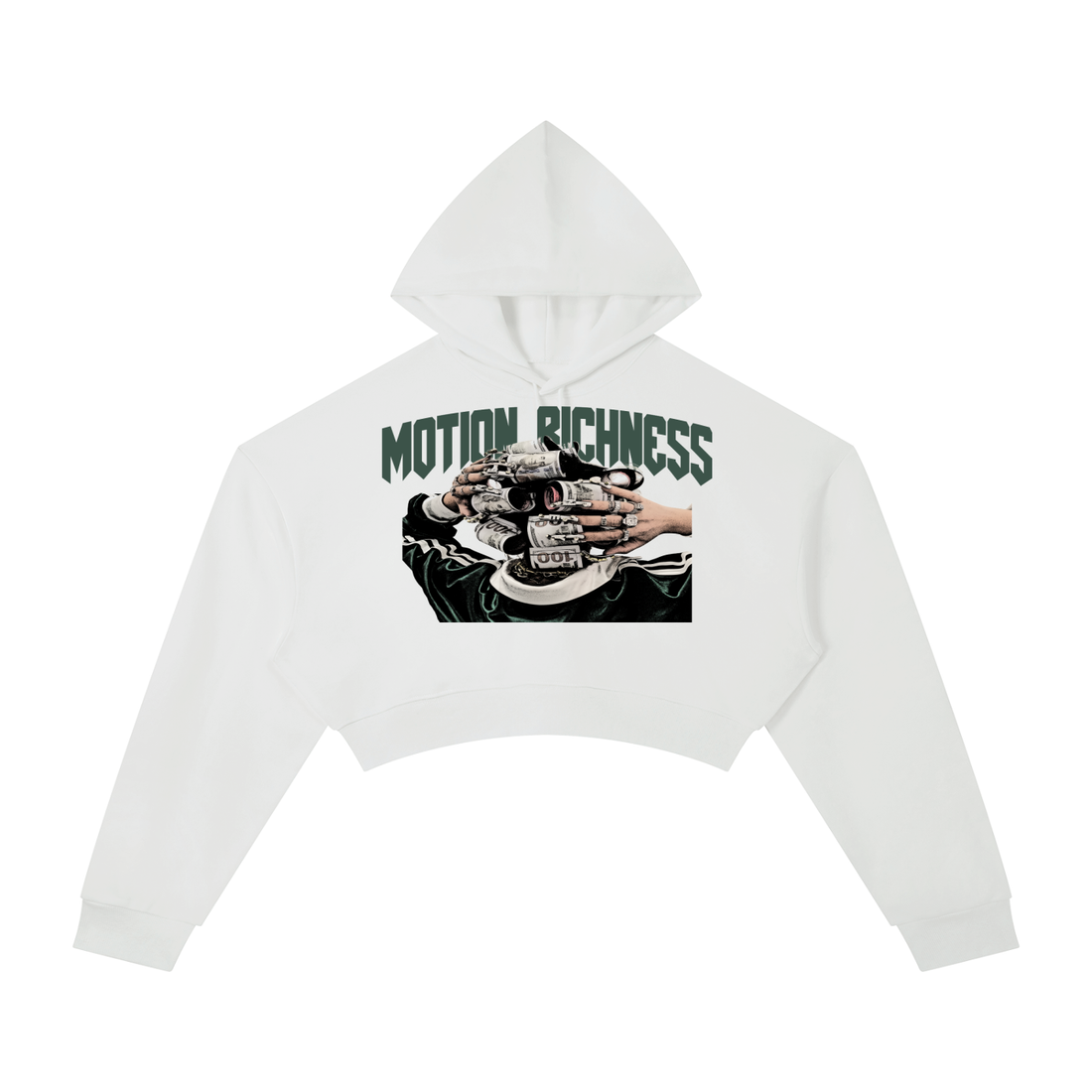 White Motion Richness Cropped Hoodie by ODMPOD, featuring a relaxed fit and casual style, displayed on a plain background.