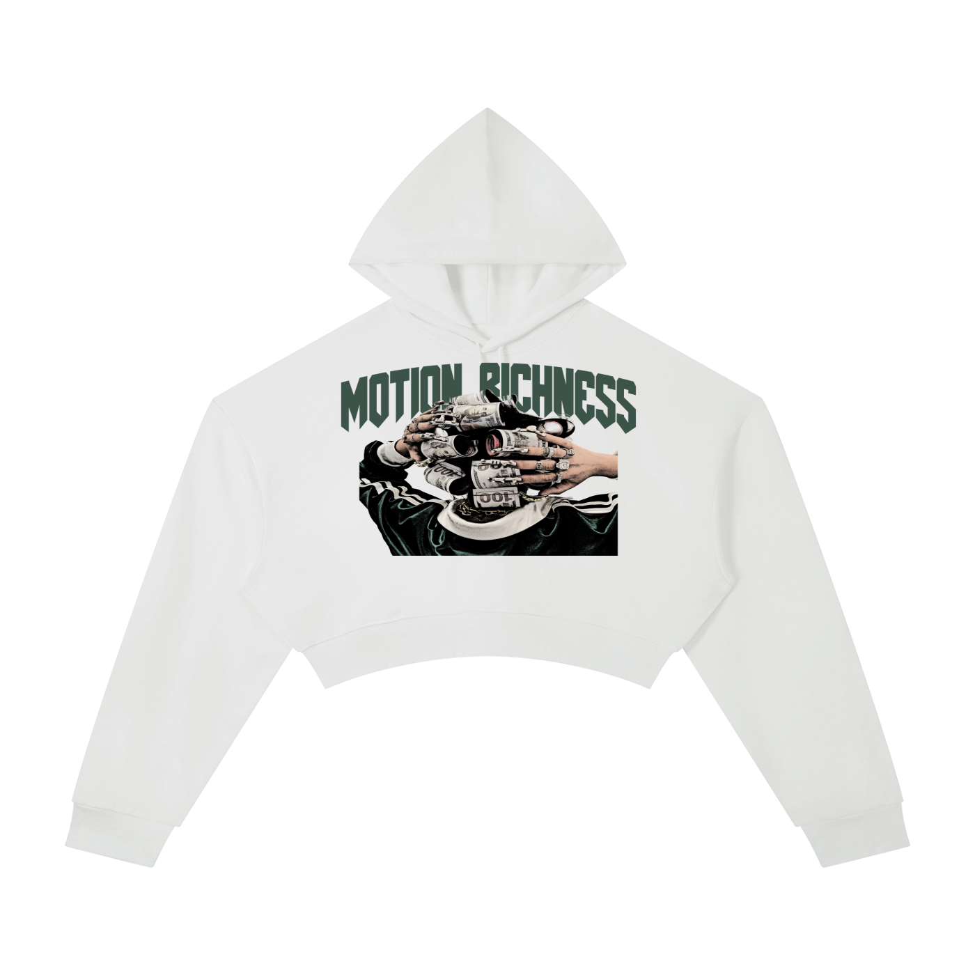 White Motion Richness Cropped Hoodie by ODMPOD, featuring a relaxed fit and casual style, displayed on a plain background.
