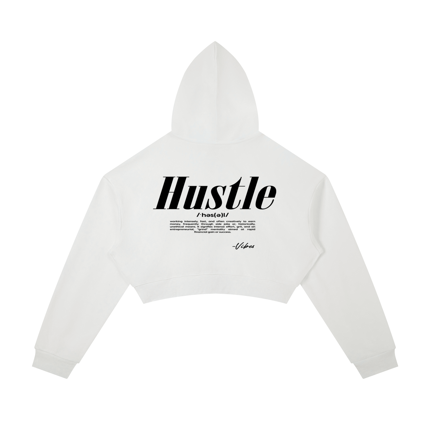ODMPOD Vibes Hustle oversized cropped zip-up hoodie shown in black with front pockets and drawstring hood.