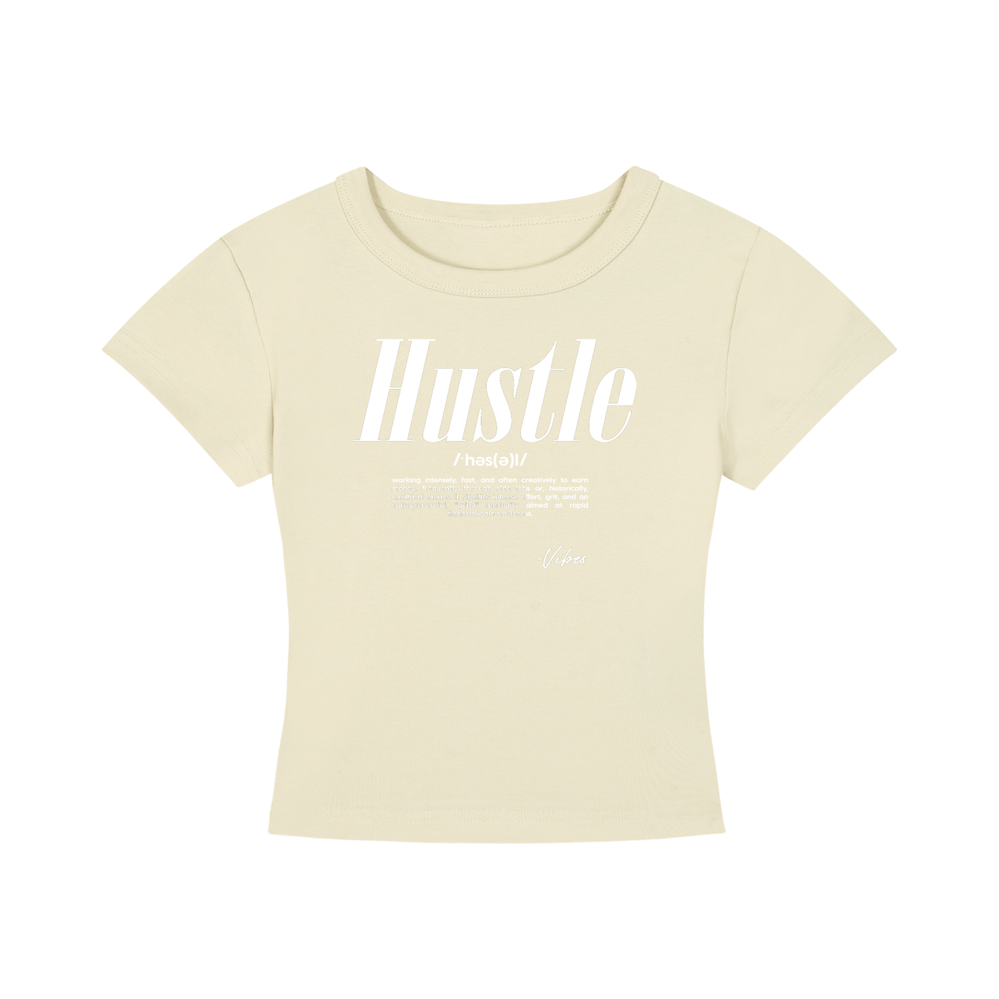 ODMPOD Vibes Hustle cropped T-shirt featuring a stylish graphic design and casual fit on a model.