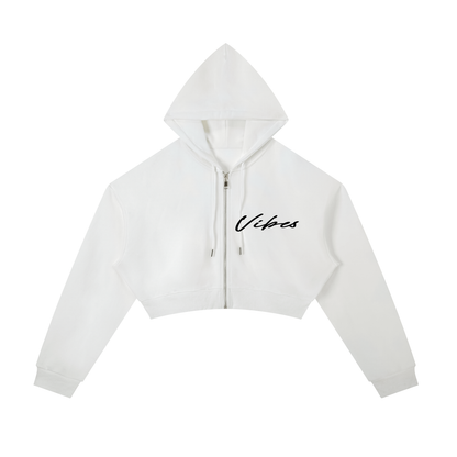 ODMPOD Vibes Hustle cropped zip-up oversized hoodie in black, featuring a front zipper and relaxed fit, casual streetwear style