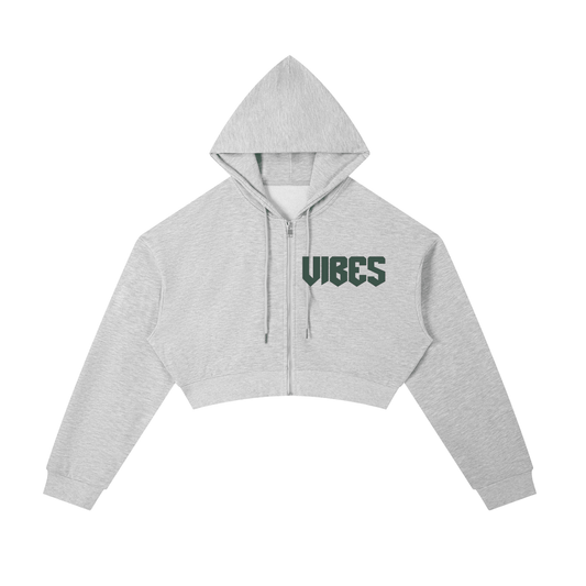 ODMPOD Vibes Cropped Zip-Up Hoodie shown in black with front zipper and drawstring hood, casual streetwear style.