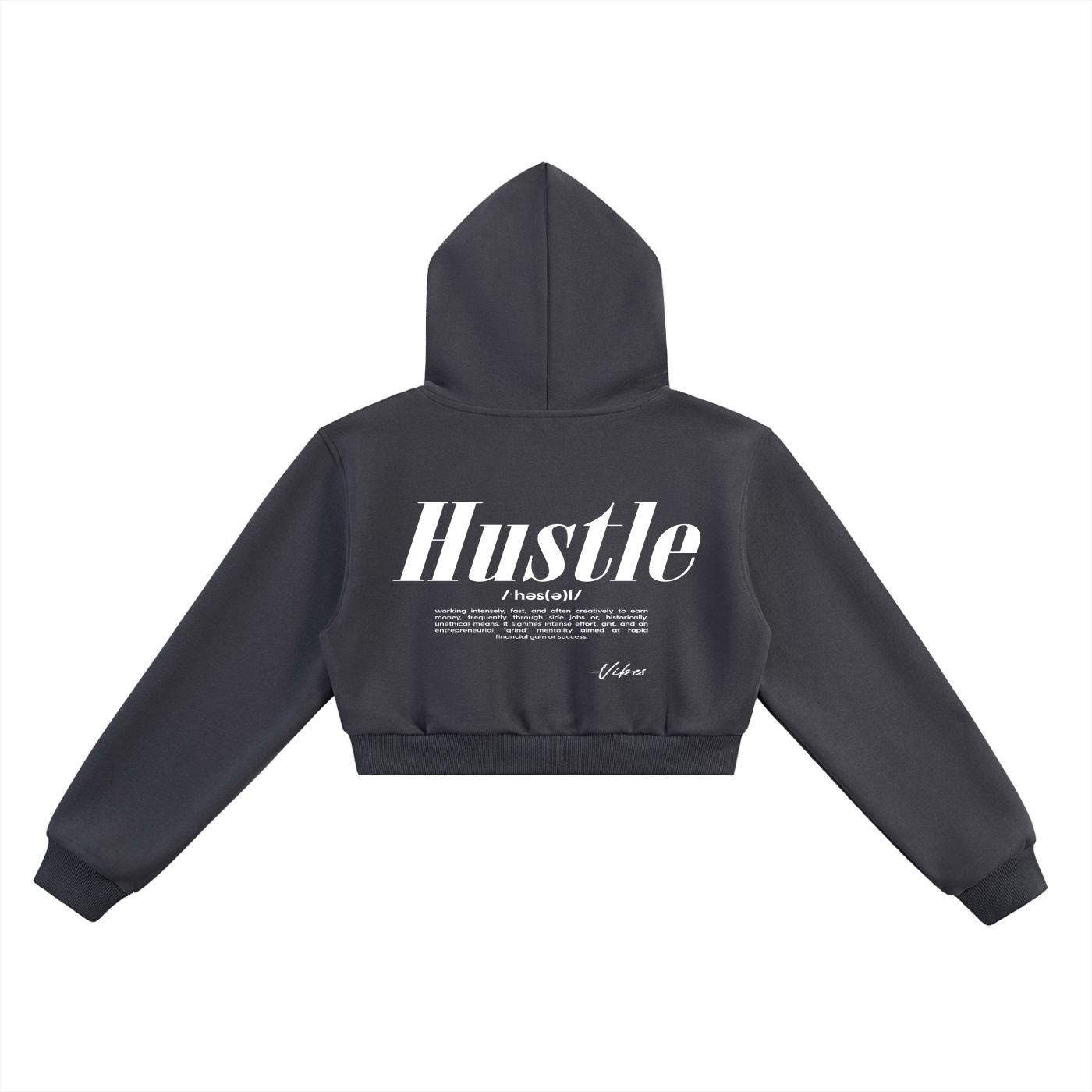 ODMPOD Vibes Hustle cropped hoodie, stylish black hoodie with bold white graphic, casual streetwear for everyday wear