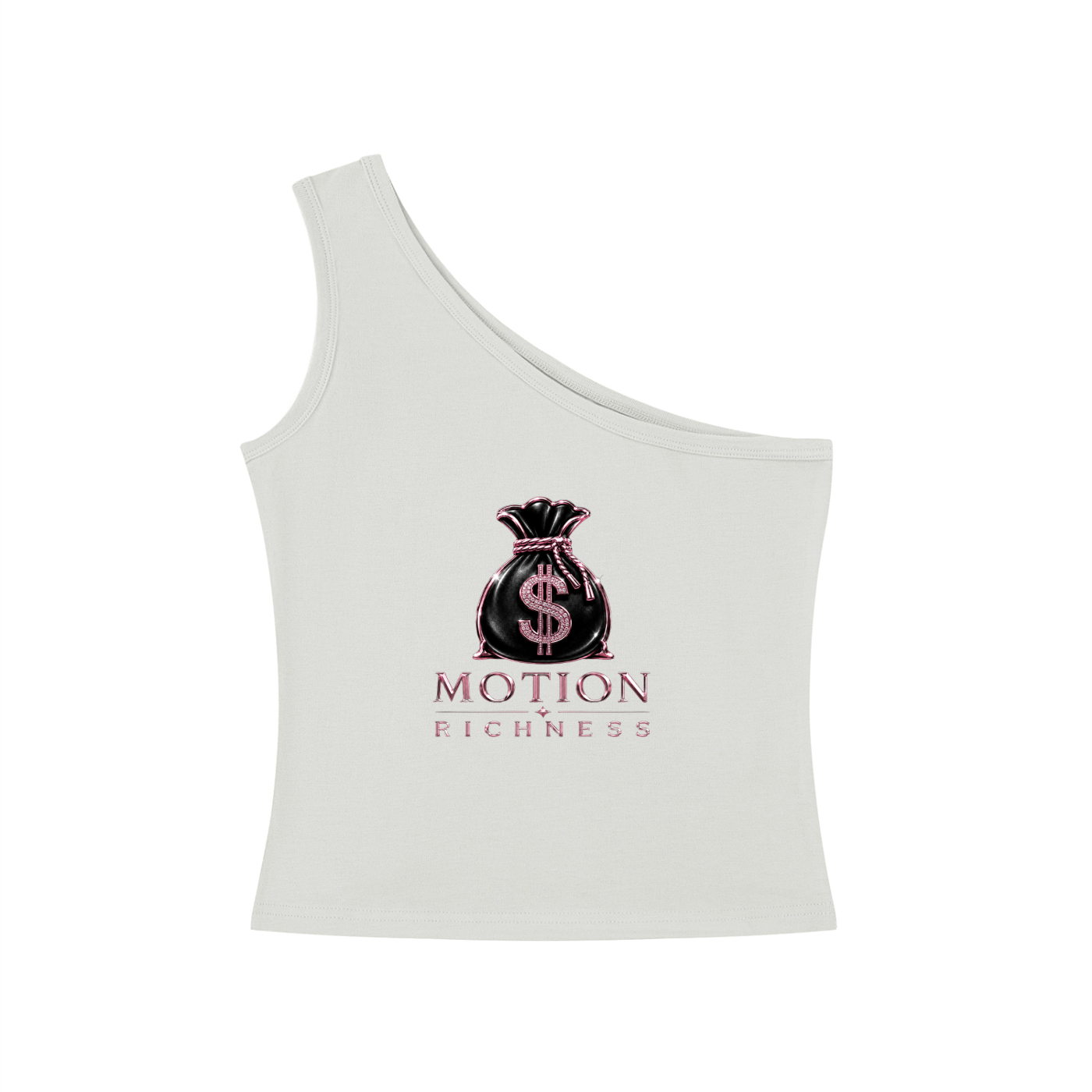 ODMPOD Motion Richness one-shoulder crop tank top displayed on a mannequin with a sleek, modern design and neutral background.